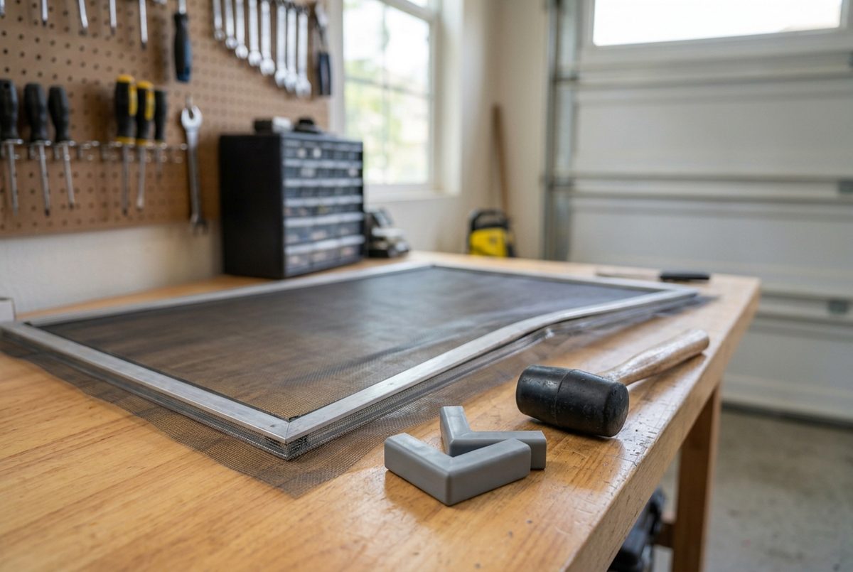 Aluminum screen frame with a bowed rail on a workbench, next to new corner pieces and a rubber mallet