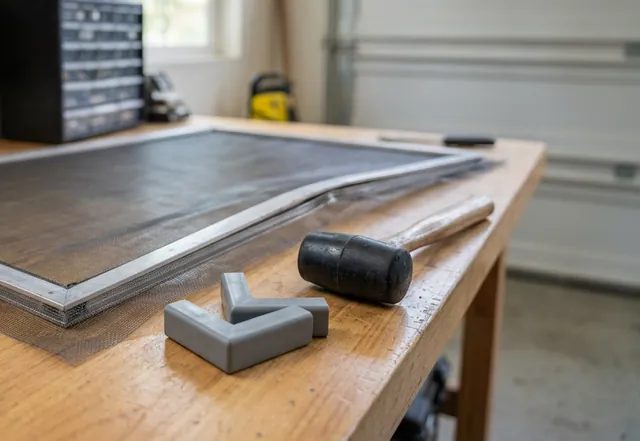 Aluminum screen frame with a bowed rail on a workbench, next to new corner pieces and a rubber mallet