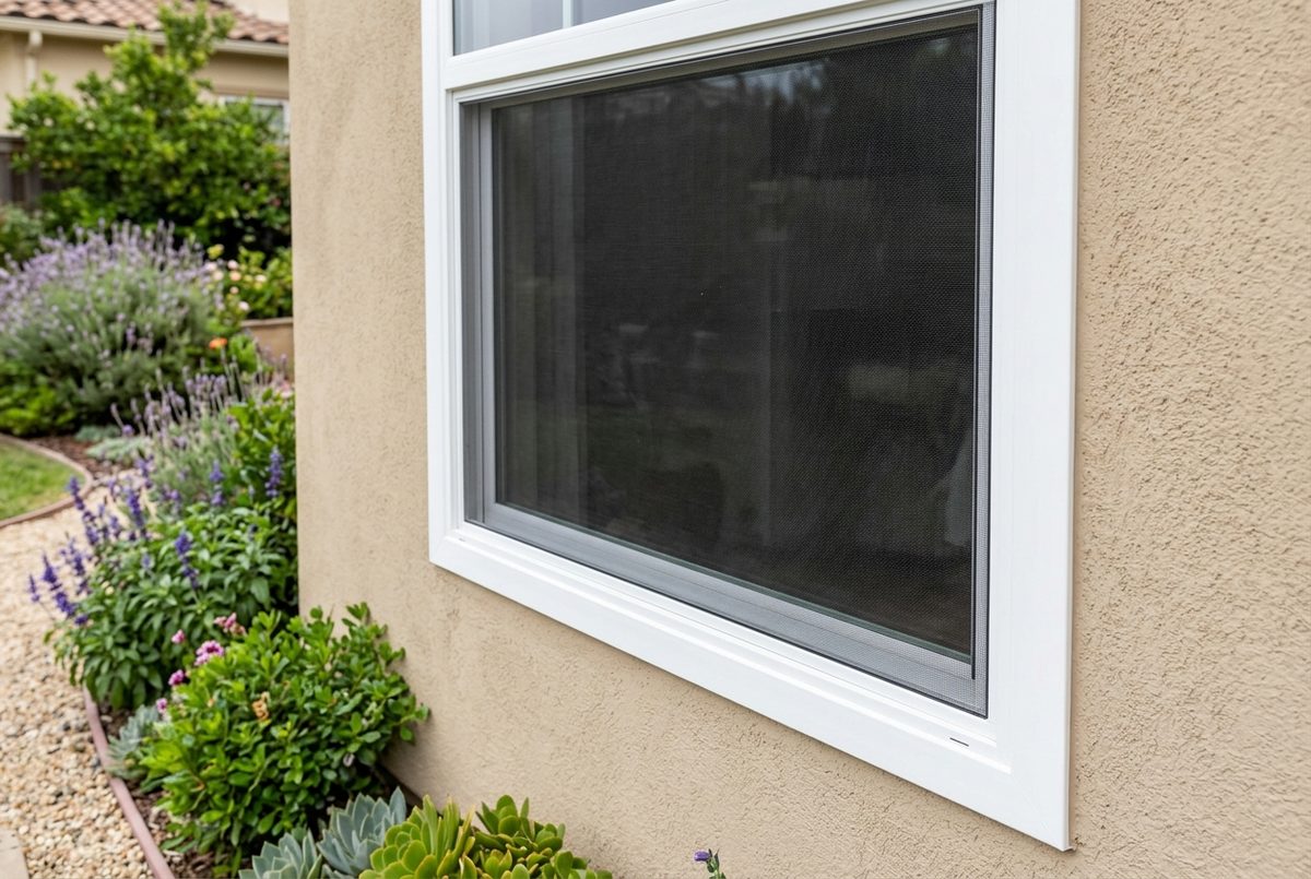 Replacement window screen fitted in a white window on a stucco house