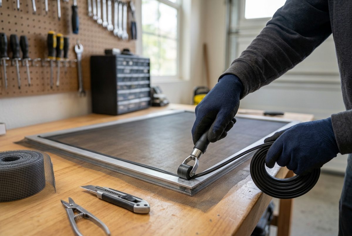 Spline roller pressing new screen mesh into an aluminum frame on a workbench