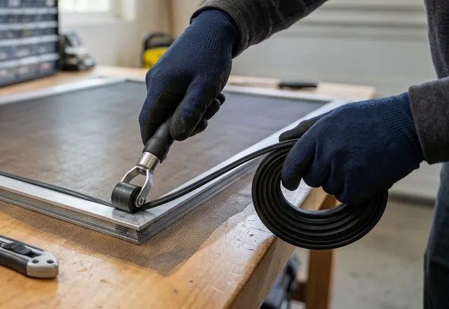 Spline roller pressing new screen mesh into an aluminum frame on a workbench