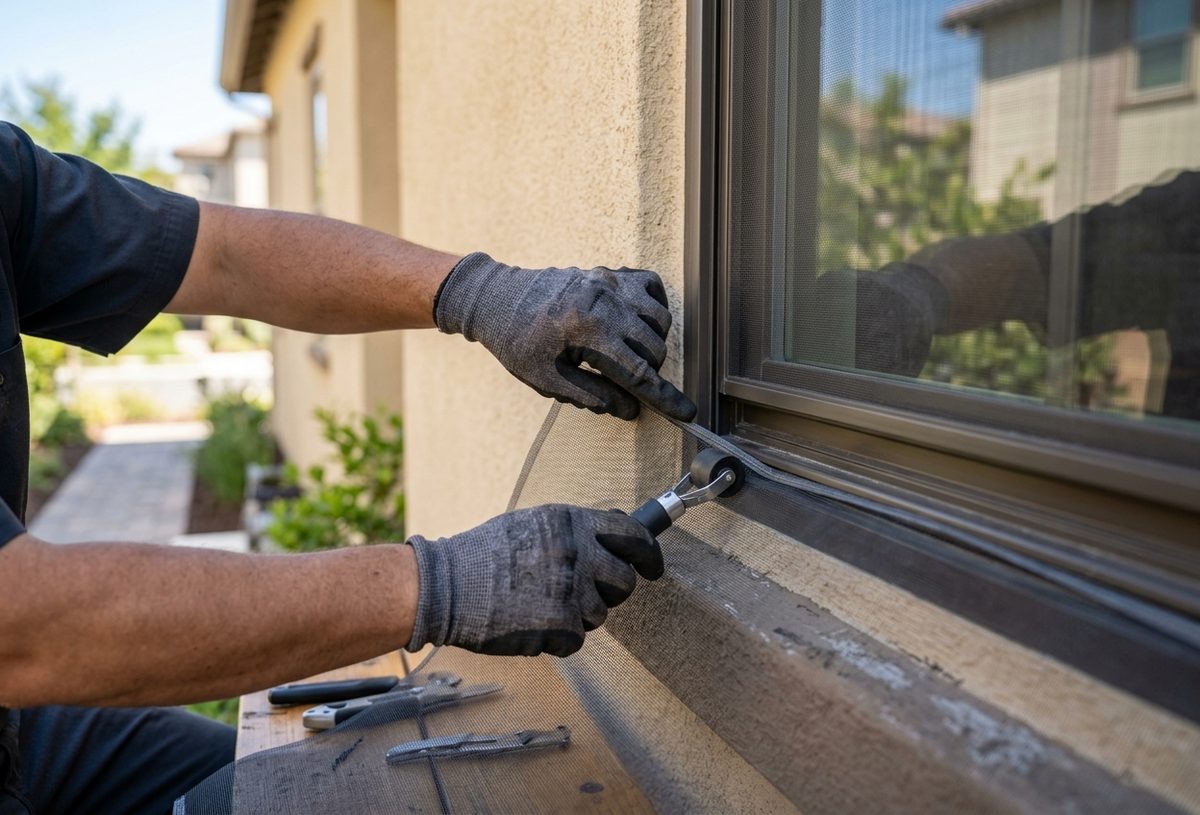 Technician in work gloves rolling screen spline into a window frame on a stucco house