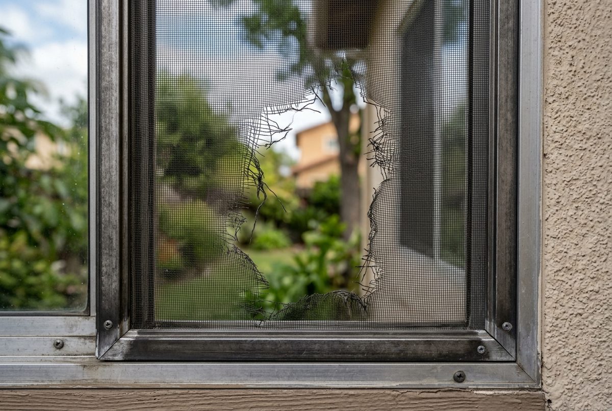 Window screen with a large tear in the mesh, in an aluminum frame on a stucco house